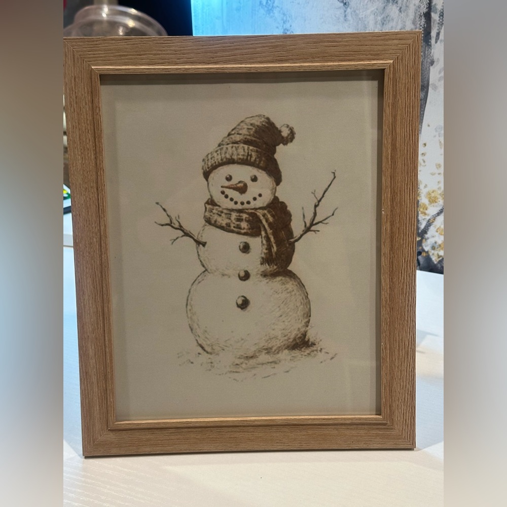 Vintage 8x10” Framed Print Christmas Snowman Sketch
